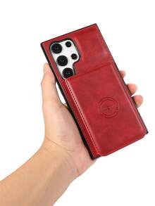 1入組磁式錢包卡片套,瘋馬紋理皮革後背,商務風格,適用於galaxy S24 Ultra - 紅色 - 查看 6