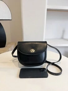 1入黑色輕盈pu材質女用手提袋帶有蓋和鎖扣,簡約時尚適用於日常通勤,可斜挎或肩背