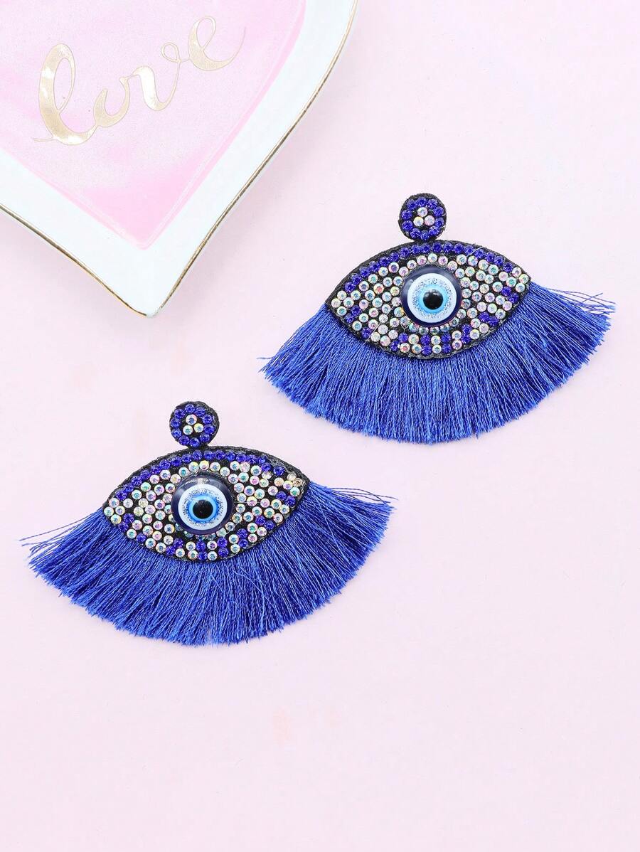 Evil Eye & Rhinestone Decor Tassel Stud Earrings - Black - View 1
