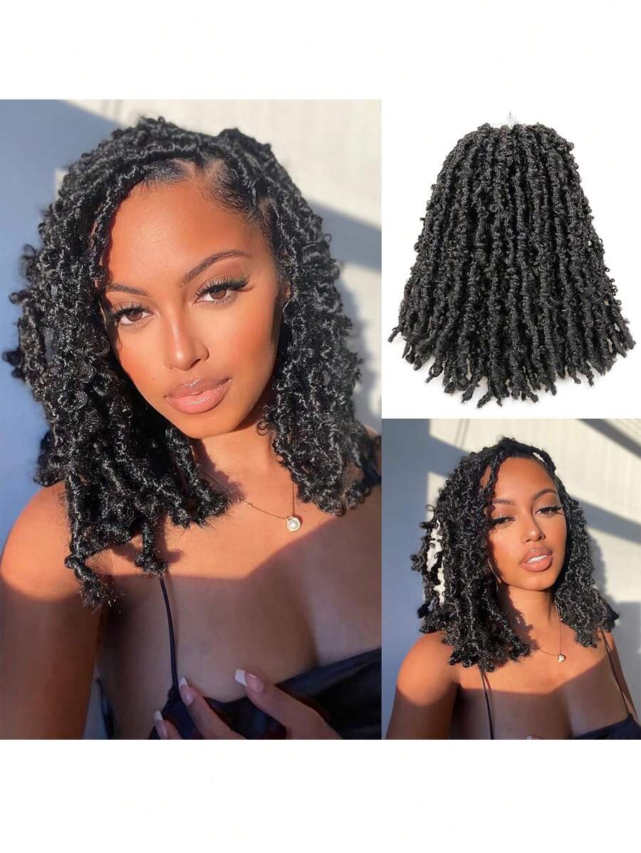 1PC 14 Inch Butterfly Locs Crochet Hair Long Distressed Faux Braids Hair Pre-Looped Synthetic Crochet Soft Locs  Goddess Locs Hair Extensions - Black - View 1