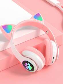 Auriculares Inalámbricos Retráctiles Plegables Con Luz Colorida En Forma De Orejas De Gato - Rosa - Ver 5