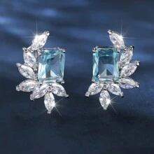 1pc Simple Sea Blue Rectangular Shape Cubic Zirconia Leaf Shaped Elegant Earring For Women, Suitable For Wedding, Engagement, And Daily Accessories