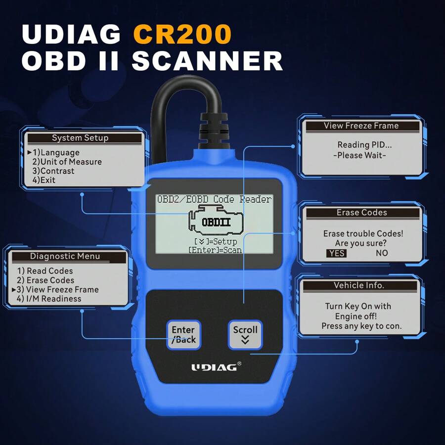 udiag UDIAG CR200 OBD2 Scanner Car Scan Check Engine Diagnostic Tool ...