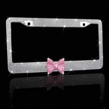 白色闪亮牌照框 - 1 件装闪亮可爱蝴蝶结汽车标签夹，适合女士/女孩，金属闪亮车牌框，带螺栓、螺丝帽 - 白色 - 查看 4