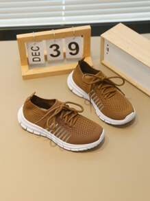 1 Pair Girls' Knitted Lace-Up Casual Sport Shoes, Breathable Slip-On Design, Suitable For Spring/Autumn - Brown - View 4