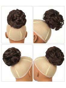 凌乱发髻发夹，波浪卷发髻发夹，蓬松人造发髻假发片，发圈式假发，酒红色，适合圣诞节、新年、狂欢节、音乐节等场合 - 深棕色 - 查看 5