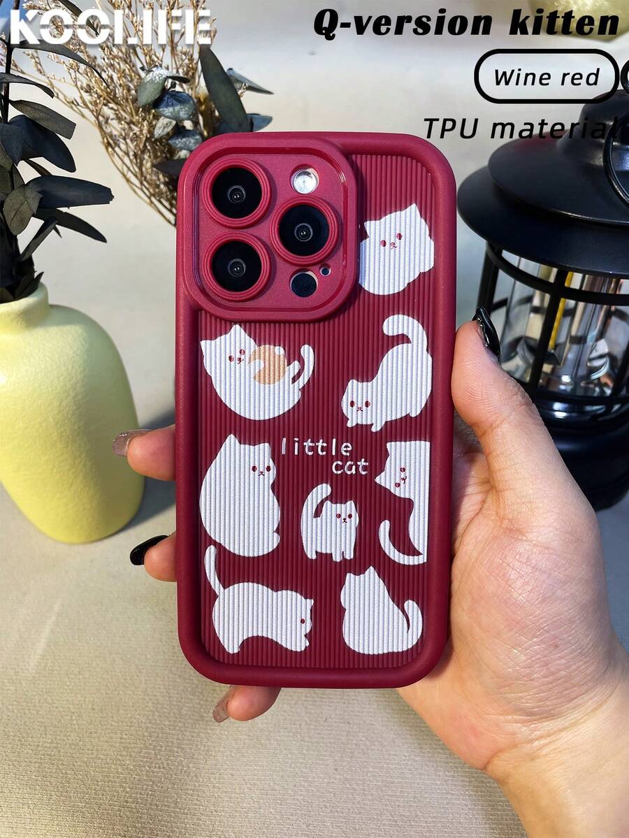 Koolife Wavy Thickened Shockproof Soft Phone Case, Compatible With Apple Iphone 12/12 Pro/12 Pro Max/13/13 Pro/13 Pro Max/14/14 Pro/14 Plus/14 Pro Max/15/15 Pro/15 Plus/15 Pro Max, Striped Tpu Protective Cover, Cartoon Cats Pattern (Four Colors Available) - WL0078#Q Version Kitten Burgundy - View 1