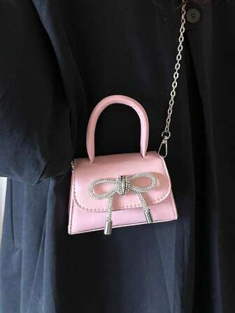 1 Sac À Main En Pu Uni Pour Enfants Avec Détail De Nœud Papillon, Simple Et À La Mode, Pouvant Être Utilisé Comme Sac À Main Ou Sac En Bandoulière