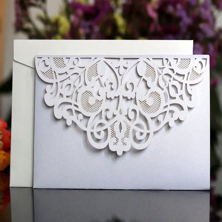 50pcs 5pcs/Set Laser Cut Pearl Paper White Wedding Invitations Card With Inner Cards Envelope Pocket For Wedding Anniversary Marriage Party Invite Supplies - White - View 3