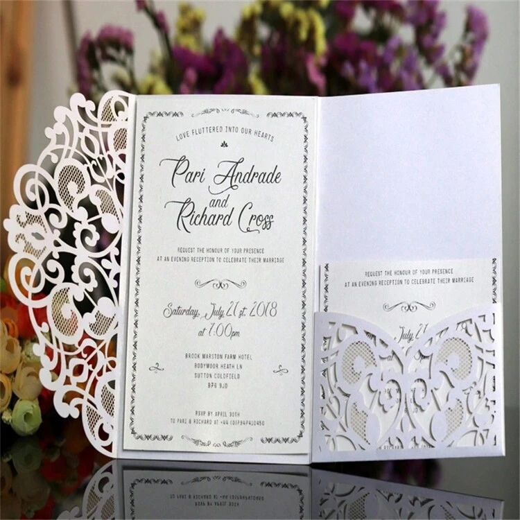 50pcs 5pcs/Set Laser Cut Pearl Paper White Wedding Invitations Card With Inner Cards Envelope Pocket For Wedding Anniversary Marriage Party Invite Supplies - White - View 1