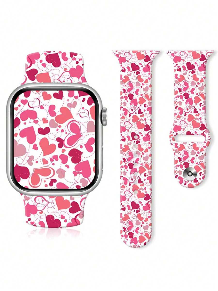 1pc Heart Printed Silicone Watch Band Compatible With 38/40/41/42/44/45/49mm Compatible With Apple Watch Ultra/Se/8/7/6/5/4/3/2/1 - Multicolor - View 1