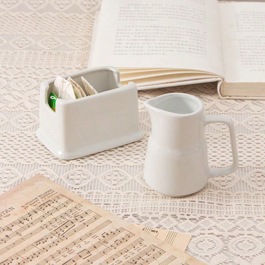 Ceramic Sugar Packet Holder And Creamer Pitcher Set, Rustic Farmhouse