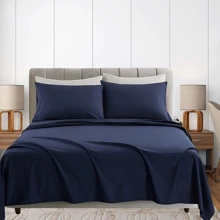 Juego de sábanas completo tamaño matrimonial de microfibra tacto algodón 4 piezas - Azul Marino - Ver 1