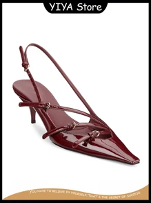 YIYA Women's Cherry Red Kitten Heels For Fall Slingback Closed Pointed Toe Stiletto High Heels Backless Slip-On Heeled Spring&Summer Pumps Dress Shoes - Màu Đỏ Sâu - Xem 3
