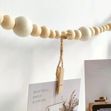 带夹子的悬挂式相框，木珠串悬挂式照片展示架（含12个夹子），波西米亚风天然木珠花环照片夹，木质夹子照片收纳装饰，农舍乡村风格悬挂式珠子家居装饰 - 木質色 - 查看 4