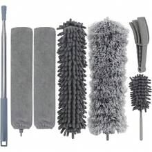 Plumeros de plumas para limpieza, extensibles de 30 a 100 pulgadas con mango telescópico y limpiador de persianas, de microfibra y chenilla para lugares de difícil acceso como telarañas, techos altos, autos y muebles - Gris - Ver 12