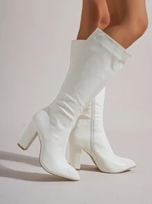 女士高跟靴，优雅时尚新款长筒休闲高筒靴，英伦风粗高跟女鞋，秋冬 - 白色 - 查看 5