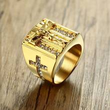 1 pieza Anillo de acero inoxidable con cruz dorada y de estrás cristalinos, católico, para hombres. Regalo para novio, accesorios de hombre - Amarillo Oro - Ver 6