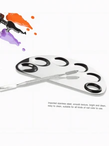 1个不锈钢化妆调色盘，指甲油混合托盘，带刮刀工具，供化妆师混合粉底液 - 銀色 - 查看 6