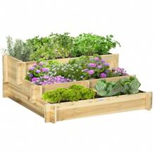 Outsunny Jardinera de Madera Arriate de Jardín de 3 Niveles con Diseño de Escalera y Tela no Tejida para Cultivos Plantas Flores para Terraza Jardín 93x93x35 cm Natural - Marrón - Ver 7