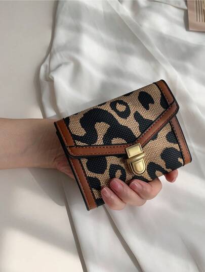 女士 PU 豹纹短款三折钱包，带多个卡槽，复古金属锁设计，时尚便携迷你钱包，豹纹女士钱包，钱包，小钱包