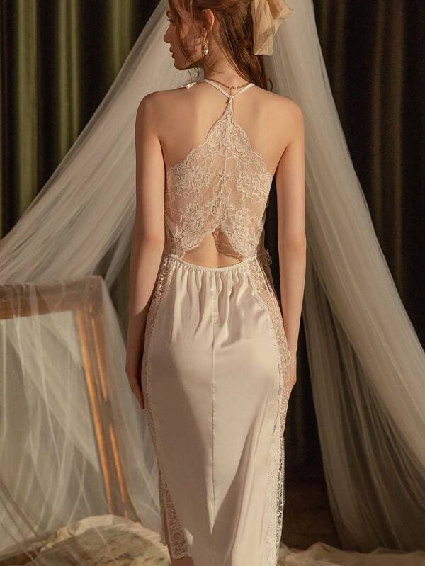 1pc Sexy Velvet & Lace Side Slit Long Nightgown