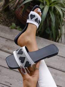 女士优雅刺绣拖鞋，平底露趾休闲一脚蹬拖鞋，时尚百搭，适合 2025 年夏季 - 黑色 - 查看 2