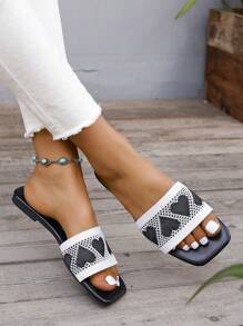 女士优雅刺绣拖鞋，平底露趾休闲一脚蹬拖鞋，时尚百搭，适合 2025 年夏季 - 黑色 - 查看 5