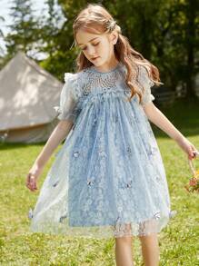 Vestido De Superposición De Malla Con Apliques De Mariposa Y Borde De Volantes Para Niñas Preadolescentes - Azul - Ver 5