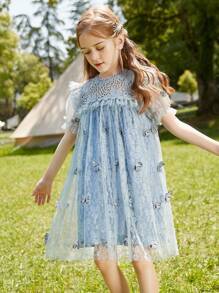 Vestido De Superposición De Malla Con Apliques De Mariposa Y Borde De Volantes Para Niñas Preadolescentes - Azul - Ver 6