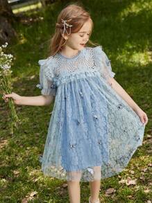 Vestido De Superposición De Malla Con Apliques De Mariposa Y Borde De Volantes Para Niñas Preadolescentes - Azul - Ver 10