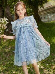 Vestido De Superposición De Malla Con Apliques De Mariposa Y Borde De Volantes Para Niñas Preadolescentes - Azul - Ver 9