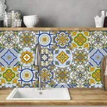 1set/10pcs Self-Adhesive Removable Pvc Tile Stickers, Waterproof Square European Floral Pattern Wall Decals For Home Decoration - Multicolor - View 3