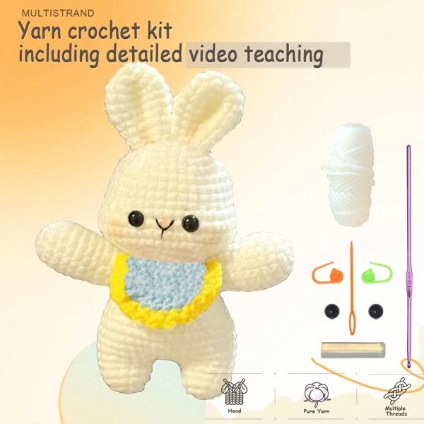 DIY 白兔穿围兜钩针套件，带分步视频教程，适合初学者 Amigurumi 毛绒动物针织动物套件，带钩针羊毛娃娃可爱动物钩针编织套件，可作为节日和生日派对用品的创意礼物