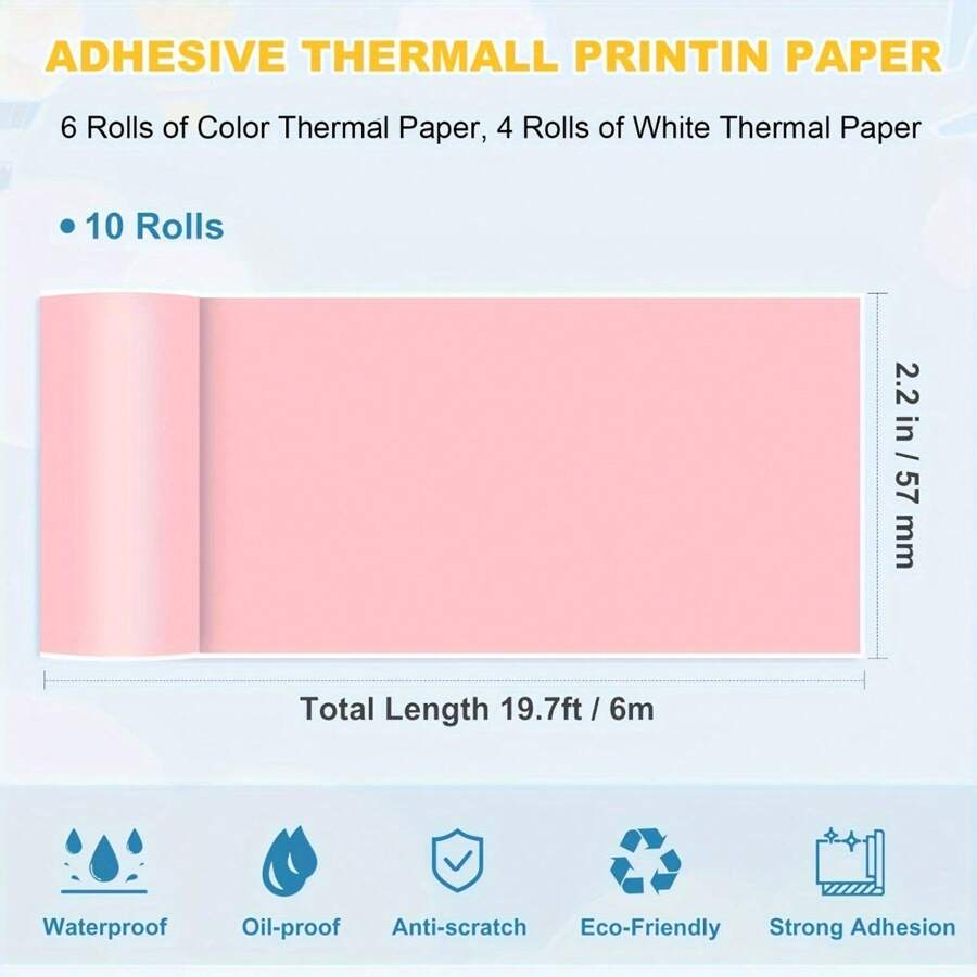 10 Rolls Mini Thermal Printer Paper, Including 6 Rolls Of Color Thermal
