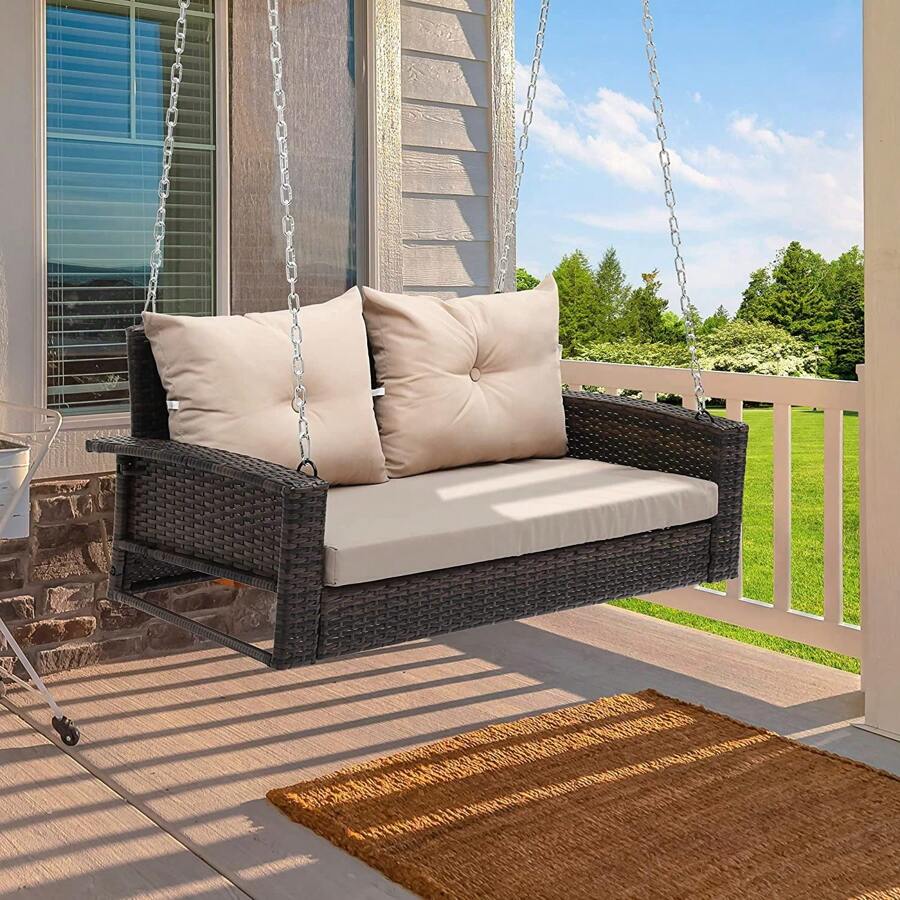 Homnibu Wicker Hanging Porch Swing Chair Outdoor Brown Rattan Patio Swing Lounge W/ 2 Back Cushions Capacity 770lbs For Garden, Balcony, Living Room, Beige - 米色 - 查看 1