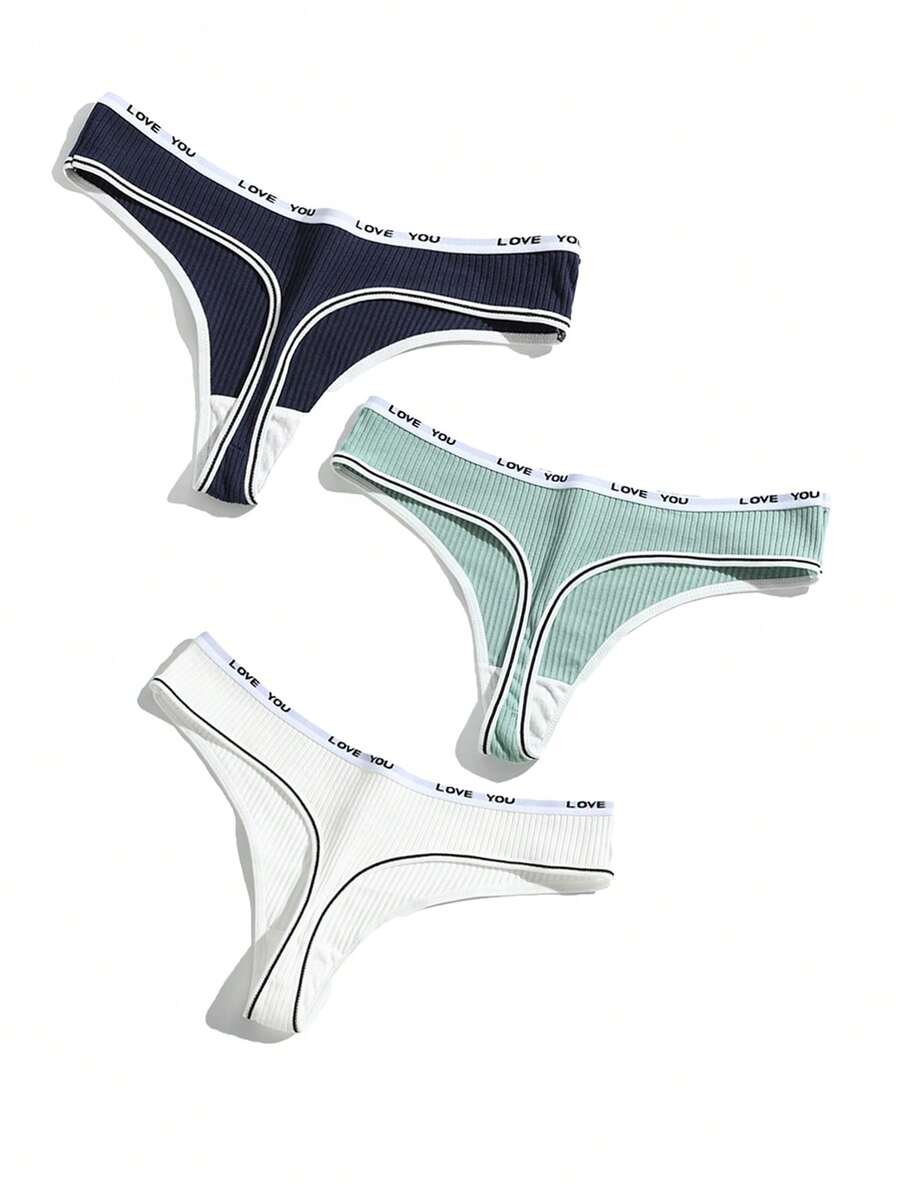 Conjunto De 3 Piezas De Tanga Para Mujer Con Estampado De Letras, Transpirable Y Sexy - Multicolor - Ver 1