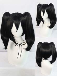女性用黑色短直鬆鬆波波頭假髮,帶劉海和兩個中長配褶馬尾髮片,適用於動漫展、動漫博覽會、角色扮演、化妝舞會、萬聖節等場合,耐高溫合成纖維假髮,可拆卸的可愛女僕公主造型假髮,配有劉海和可拆卸的豬尾假髮,女性黑色日常假髮和1個假髮帽（4件套裝：1個假髮+2個夾片馬尾+1個假髮帽） - 黑色 - 查看 1