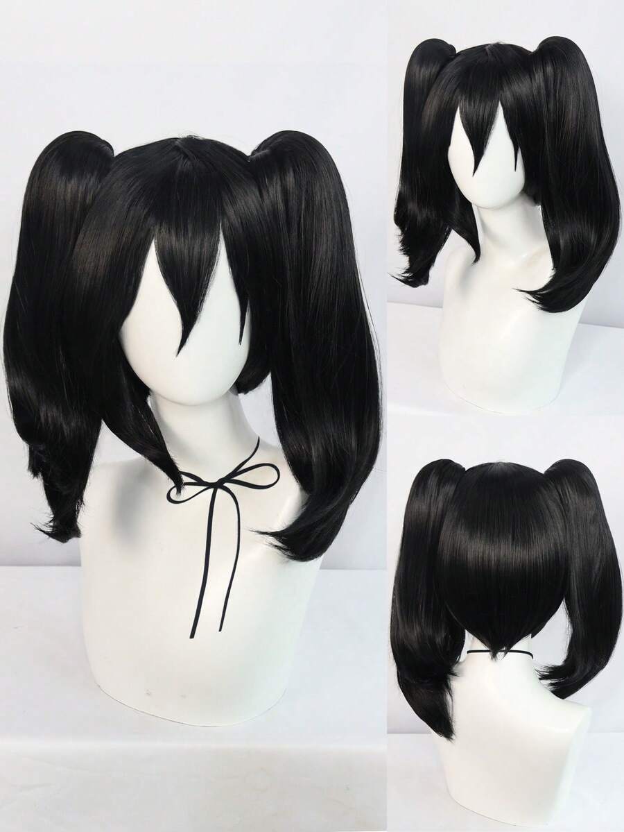 女性用黑色短直鬆鬆波波頭假髮,帶劉海和兩個中長配褶馬尾髮片,適用於動漫展、動漫博覽會、角色扮演、化妝舞會、萬聖節等場合,耐高溫合成纖維假髮,可拆卸的可愛女僕公主造型假髮,配有劉海和可拆卸的豬尾假髮,女性黑色日常假髮和1個假髮帽（4件套裝：1個假髮+2個夾片馬尾+1個假髮帽） - 黑色 - 查看 1
