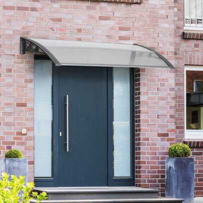 Outsunny Tettoia Moderna in Policarbonato e Alluminio per Balconi, Finestre e Porte, Pensilina per Esterno con Supporto in PP, 110x60x18 cm, Grigio e Trasparente