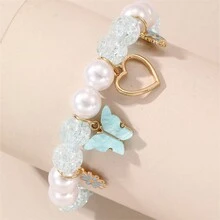 1入兒童玻璃珠手鍊，設有心形、小花和蝴蝶吊墜，可愛甜美風格，適合日常佩戴 - 淺藍色 - 查看 4