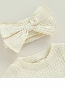 女婴短袖罗纹连体衣配发带夏季套装