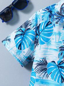 2pcs Set Tween Boy Casual Leaf Ditsy Floral Short Sleeve Polo Collar Shacket And Matching Shorts, Spring/Summer