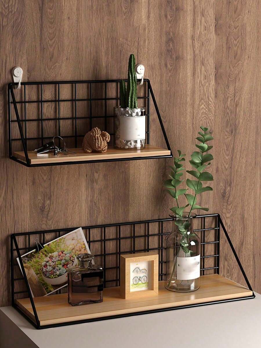 1pc Simple Iron Wall-Mounted Bookshelf, No Damage To Wall Bedside Storage Shelf, Office Wall Storage, Including Hooks - Black - View 1