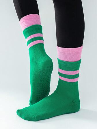 1pair Women's Mid-Calf Length, Thickened Double-Layered Ankle Striped Athletic Yoga Socks D8