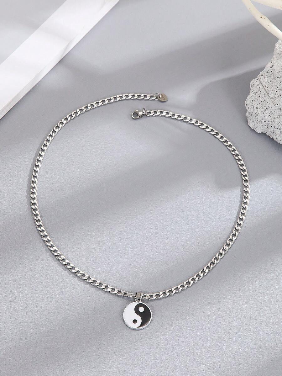 Men's Stainless Steel Yin Yang Necklace - Black and White - View 1