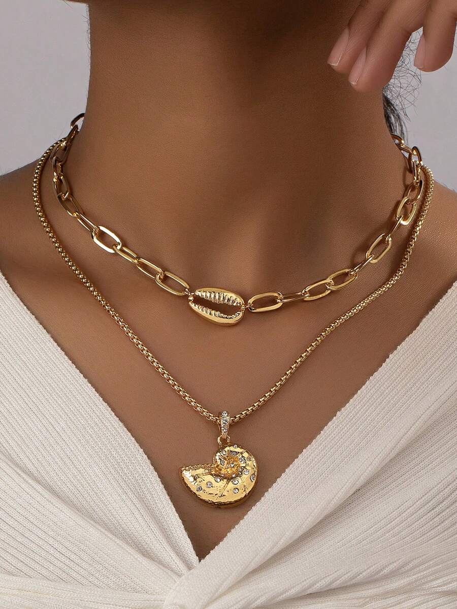 A Cross-Border Retro Light Luxury Double Layered Shell Neck Chain Design With A Niche Clavicle Chain - Yellow Gold - View 1
