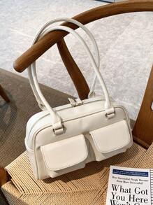 Large Capacity Commuting Pu Solid Color Simple Style Ladies' Shoulder Bag, Fashionable And Versatile For Daily Shopping, Dating, Traveling, Gifting