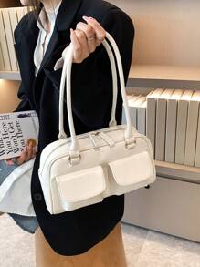Large Capacity Commuting Pu Solid Color Simple Style Ladies' Shoulder Bag, Fashionable And Versatile For Daily Shopping, Dating, Traveling, Gifting