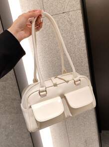 Large Capacity Commuting Pu Solid Color Simple Style Ladies' Shoulder Bag, Fashionable And Versatile For Daily Shopping, Dating, Traveling, Gifting